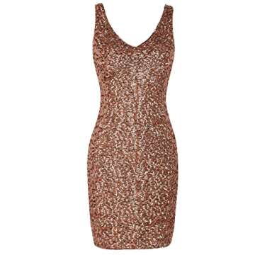 PrettyGuide Women Sexy Deep V Neck Sequin Glitter Bodycon Stretchy Mini Party Dress L Gold Pink