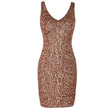 PrettyGuide Women Sexy Deep V Neck Sequin Glitter Bodycon Stretchy Mini Party Dress L Gold Pink