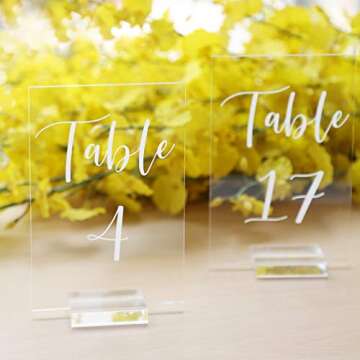 UNIQOOO Acrylic Wedding Table Number 1-20 with Stand | 4x6 inch Printed Calligraphy, Sign and Holder | Perfect for Wedding, Reception, Centerpiece Decoration, Event, Party