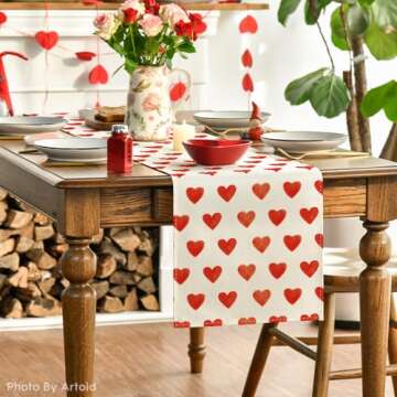 Artoid Mode Love Heart Valentine's Day Table Runner, Seasonal Anniversary Kitchen Dining Table Decoration for Indoor Home Party 13x72 Inch
