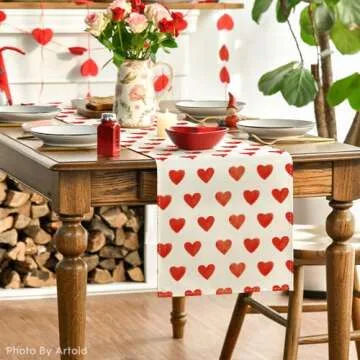 Artoid Mode Love Heart Valentine's Day Table Runner, Seasonal Anniversary Kitchen Dining Table Decoration for Indoor Home Party 13x72 Inch