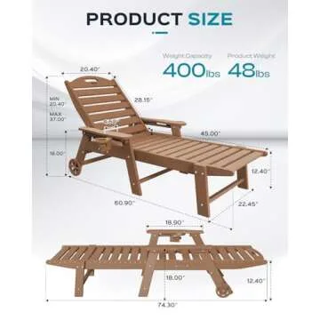 Lounge Chair Outdoor, Oversized Chaise Lounge Chair with 5 Positions, HDPE, Patio Lounge Chair with Wheels & Cup Holder for Pool, Deck, Poolside, Teak