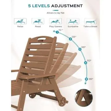 Lounge Chair Outdoor, Oversized Chaise Lounge Chair with 5 Positions, HDPE, Patio Lounge Chair with Wheels & Cup Holder for Pool, Deck, Poolside, Teak