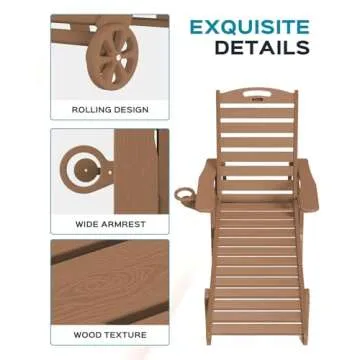 Lounge Chair Outdoor, Oversized Chaise Lounge Chair with 5 Positions, HDPE, Patio Lounge Chair with Wheels & Cup Holder for Pool, Deck, Poolside, Teak