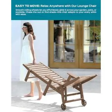 Lounge Chair Outdoor, Oversized Chaise Lounge Chair with 5 Positions, HDPE, Patio Lounge Chair with Wheels & Cup Holder for Pool, Deck, Poolside, Teak