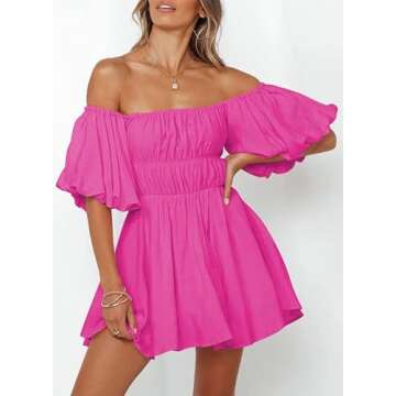 Dokotoo Women One Shoulder Dresses Fashion 2023 Lantern Sleeve Hot Pink Pirate Dress Ruffle Elastic Waist A-Line Spring Dresses for Wedding Guest XX-Large