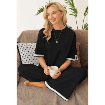 NORACORA Knit Sweater Sets for Women 2 Piece Outfits Cute Matching Pajamas Set Casual High Low T Shirt Loungewear Black