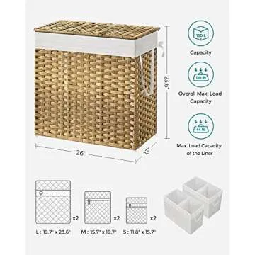 SONGMICS Laundry Hamper with Lid, 130L Capacity, 2 Liners, 6 Mesh Bags