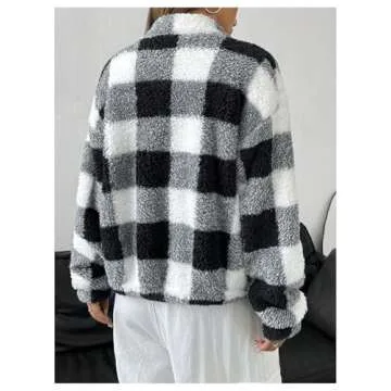 Verdusa Women's Plaid Fleece Jacket - Cozy Sherpa Cropped Design - Black and White Medium