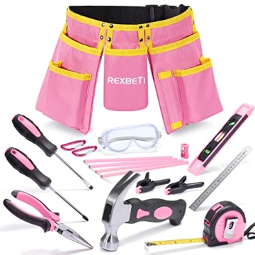 REXBETI 18pcs Pink Young Builder's Tool Set with Real Hand Tools, Reinforced Kids Tool Belt, Waist 2...