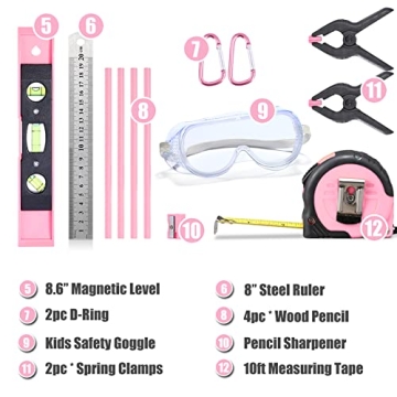 REXBETI 18pcs Pink Kids Tool Set for Young Builders
