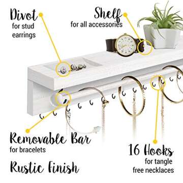 Rustic White Necklace Jewelry Organizer - Wall Mount Jewelry Holder - Mounted Hanging Jewelry Storage Hooks for Necklace, Earrings, and Rings - Farmhouse Wood Decor Bedroom Boho Shelf Rack