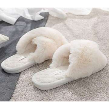 Vpogn Women's Cross Band Soft Plush Fleece House and Outdoor Slippers (6.5-8, Ivory)
