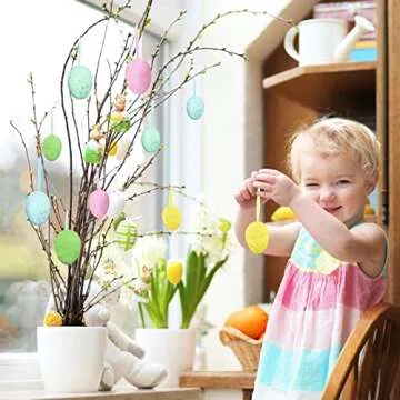 18 Pcs 3 Sizes 6 Colors Hanging Foam Easter Eggs Speckled Eggs Ornaments Decorative Easter Eggs in Transparent Packing Box with Faux Grass for Easter Tree Decorations Basket Filler