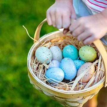 18 Pcs 3 Sizes 6 Colors Hanging Foam Easter Eggs Speckled Eggs Ornaments Decorative Easter Eggs in Transparent Packing Box with Faux Grass for Easter Tree Decorations Basket Filler