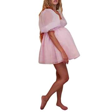 Women Puffy Sleeve Princess Tulle Dress Square Neck Mesh Fluffy Fairy Mini Dress Bubble Sleeve Party Prom Dress (#6-Pink, M)