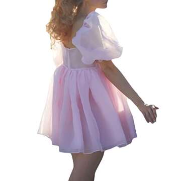 Women Puffy Sleeve Princess Tulle Dress Square Neck Mesh Fluffy Fairy Mini Dress Bubble Sleeve Party Prom Dress (#6-Pink, M)