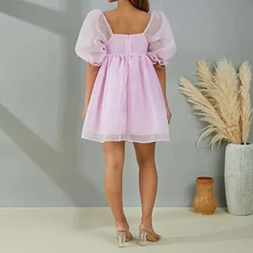 Women Puffy Sleeve Princess Tulle Dress Square Neck Mesh Fluffy Fairy Mini Dress Bubble Sleeve Party Prom Dress (#6-Pink, M)