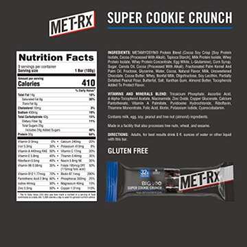 MET-Rx Big 100 Protein Bar, Meal Replacement Bar, 32G Protein, Super Cookie Crunch, 9 Bars (Pack of ...