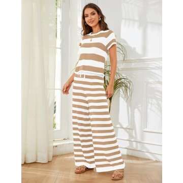 MISSACTIVER Women's Striped Two Piece Sweater Outfits Short Sleeve Pullover Tops and High Waisted Wide Leg Pants Lounge Sets