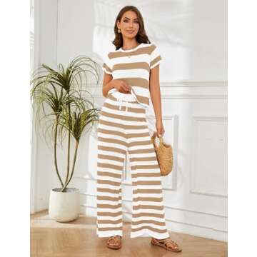 MISSACTIVER Women's Striped Two Piece Sweater Outfits Short Sleeve Pullover Tops and High Waisted Wide Leg Pants Lounge Sets