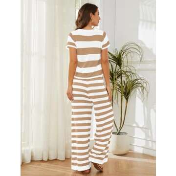 MISSACTIVER Women's Striped Two Piece Sweater Outfits Short Sleeve Pullover Tops and High Waisted Wide Leg Pants Lounge Sets