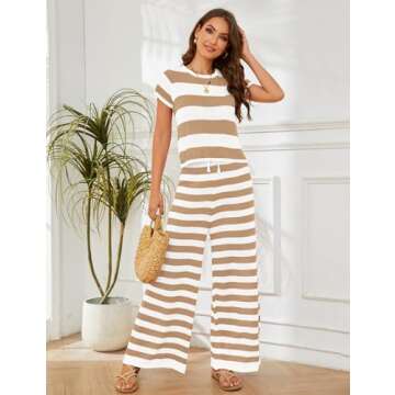 MISSACTIVER Women's Striped Two Piece Sweater Outfits Short Sleeve Pullover Tops and High Waisted Wide Leg Pants Lounge Sets