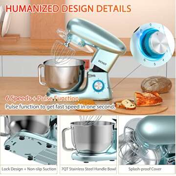 Stand Mixer, KICHOT 7QT Household Stand Mixers, 660W 6+P Speed Tilt-Head Dough Mixers with Dough Hook, Beater, Wire Whisk & Splash Guard Attachments for Baking, Cake, Cookie, Kneading-Blue
