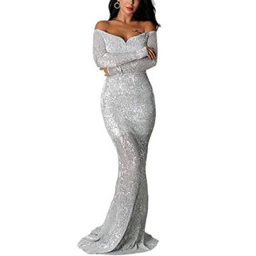 Ohvera Women's Elegant Off Shoulder Sequined Gown for Formal Events