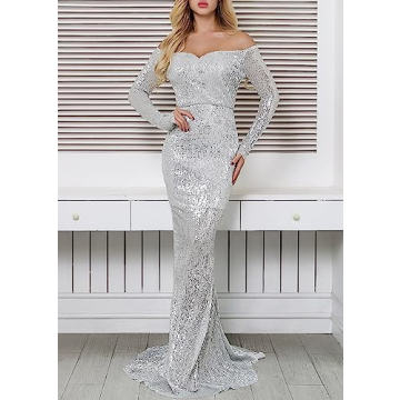 Ohvera Off Shoulder Sequined Long Sleeve Dress for Women