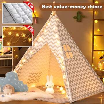 Tiny Land Kids Teepee Tent with Mat & Light String, Kids Foldable Play Tent for Indoor Outdoor, Grey...