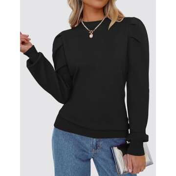 ZESICA Womens Fall Long Puff Sleeve Sweaters Casual Turtleneck Loose Ribbed Knit Solid Color Soft Pullover Jumper Tops,Black,Medium