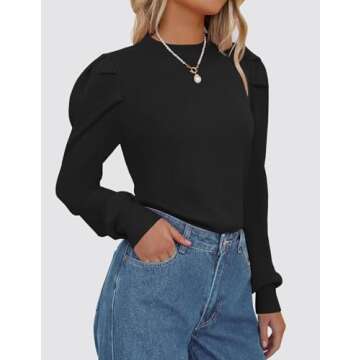 ZESICA Womens Fall Long Puff Sleeve Sweaters Casual Turtleneck Loose Ribbed Knit Solid Color Soft Pullover Jumper Tops,Black,Medium