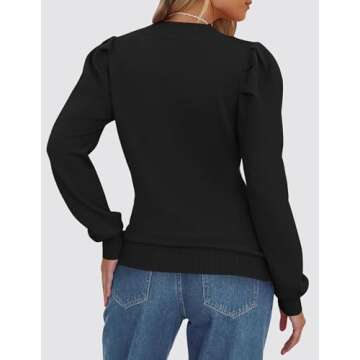 ZESICA Womens Fall Long Puff Sleeve Sweaters Casual Turtleneck Loose Ribbed Knit Solid Color Soft Pullover Jumper Tops,Black,Medium