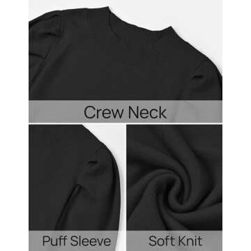 ZESICA Womens Fall Long Puff Sleeve Sweaters Casual Turtleneck Loose Ribbed Knit Solid Color Soft Pullover Jumper Tops,Black,Medium