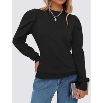 ZESICA Womens Fall Long Puff Sleeve Sweaters Casual Turtleneck Loose Ribbed Knit Solid Color Soft Pullover Jumper Tops,Black,Medium