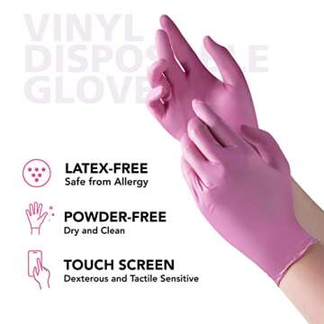 OriStout Disposable Gloves for Women, Pink Vinyl Gloves Disposable Latex Free for Cooking, Food Prep, Cleaning, Hair Dye, Tattoo, Medium Duty, Touch Screen, Small, 50 Pack