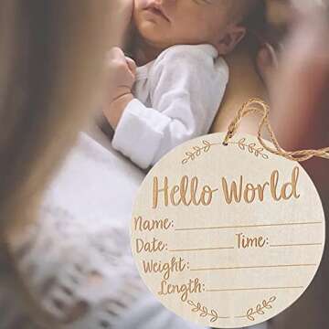 Goxozzy Baby Announcement Sign, Double Side Wooden Birth Announcement Sign for hospital Hello World Newborn Sign with Ink Pad for Baby Hand and Footprints Baby Photo Props for Newborn Boys and Girls