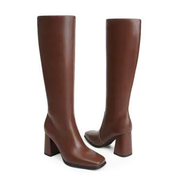 Modatope Women Knee High Boots Brown Chunky Heel Boots for Women Square Toe Fall Boots Side Zipper Long Boots High Heel Knee High Boots Women Size 6.5