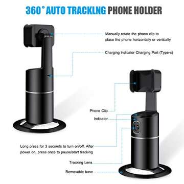 Auto Face Tracking Phone Holder Tripod, No App Required, 360° Rotation Smart Face Body Tracking Tripod Selfie Phone Camera Mount Cell Phone Stand for TIK Tok, Vlog, Live Streaming, YouTube Video