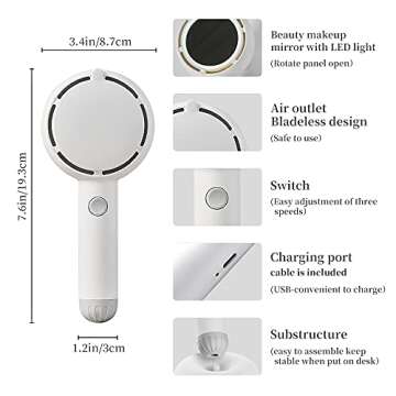 Star Compass Mini Handheld Fan, Battery Operated Rechargeable Portable Fan with LED Light Makeup Mirror, Bladeless Small Personal Fan 3 Speeds Eyelash Fan for Women Girls Outdoor Travel (White)