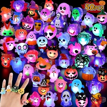 Hekaty 50pcs 3D Halloween Treats Light Up Rings Halloween Toys Halloween Party Favors for Kids Adult...