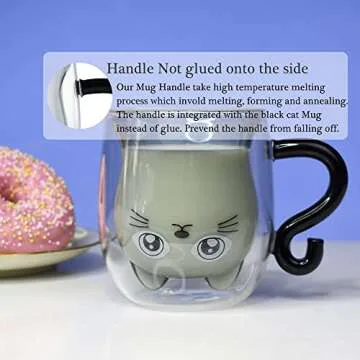 Black Cat Mug Cute Mug with Handle Double Walled Coffee Mug Kawaii Cat Presents for Women Glass Mugs...