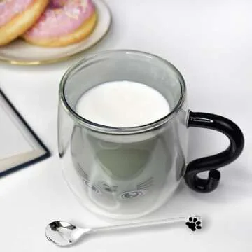 Black Cat Mug Cute Mug with Handle Double Walled Coffee Mug Kawaii Cat Presents for Women Glass Mugs Tea Cup Cute Birthday Gifts Mug for Cat Lovers Ideas Halloween Christmas