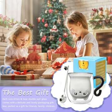 Black Cat Mug Cute Mug with Handle Double Walled Coffee Mug Kawaii Cat Presents for Women Glass Mugs Tea Cup Cute Birthday Gifts Mug for Cat Lovers Ideas Halloween Christmas