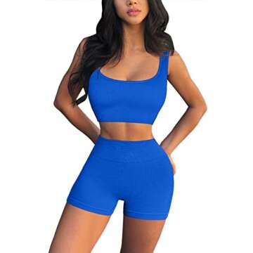 QINSEN Workout Sets for Women 2 Piece Seamless Ribbed Crop Tank High Waist Shorts Yoga Outfits Sapphire Blue XL