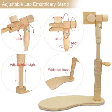 Adjustable Embroidery Hoop Stand- Rotated Cross Stitch Holder Stand, Beech Wood Needlework Lap Stand for Universal Hoops, Sturdy Embroidery Frame Craft Stand Sewing Tools