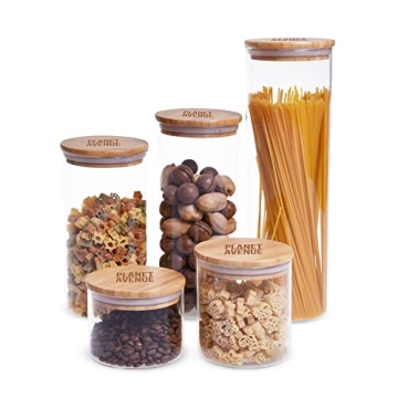 PLANET AVENUE 5 Pack Glass Jars with Bamboo Lids, Clear Glass Food Storage Jars with Airtight Bamboo...