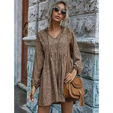 Floerns Cute V Neck Ruffle Sleeve Babydoll Dress Coffee