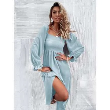 Floerns Women's Boho Square Neck Smocked Long Puff Sleeve A Line Maxi Dress Dusty Blue
